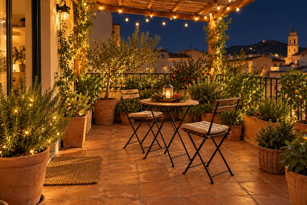 Cómo decorar un balcón o terraza pequeña en Navidad: 3 ideas sin obras 9 Terraza pequeña decorada para Navidad de noche con plantas y luces LED cálidas