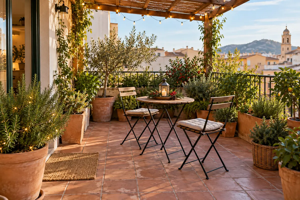 Cómo decorar un balcón o terraza pequeña en Navidad: 3 ideas sin obras 3 Visualización de una terraza pequeña con plantas y decoración navideña discreta