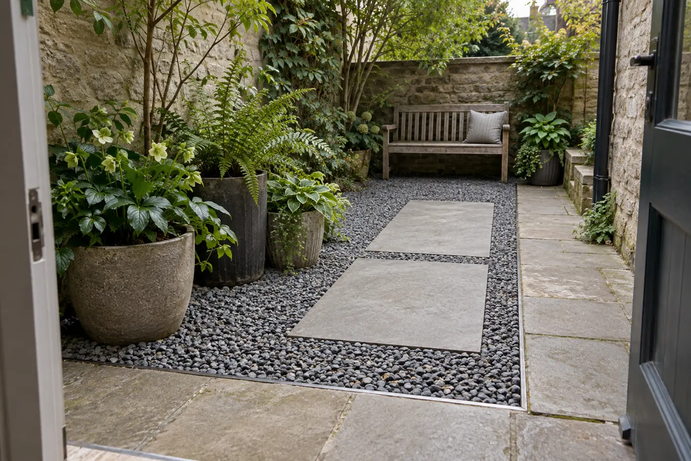 Patio pequeño de sombra con grava gris, dos losas de paso, plantas en macetas y banco de madera