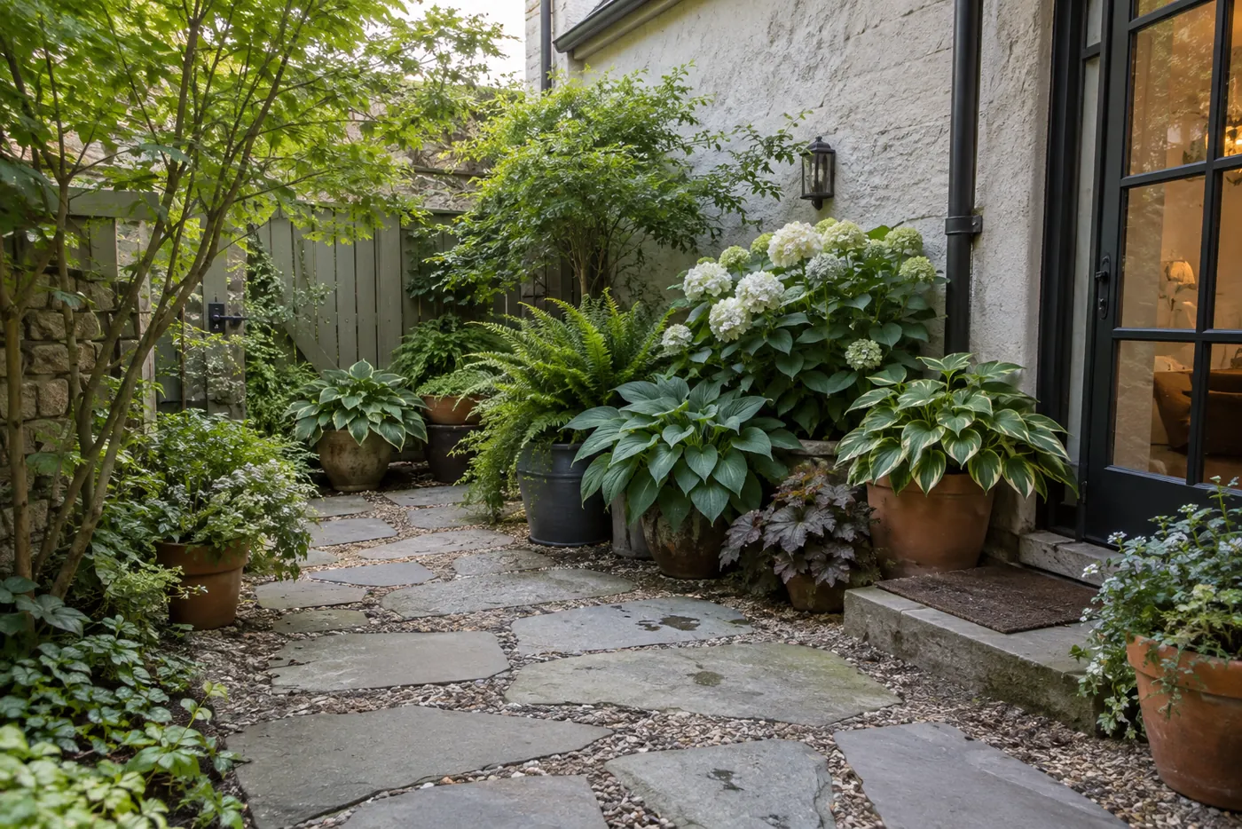 Jardín pequeño de sombra con helechos, hostas y macetas