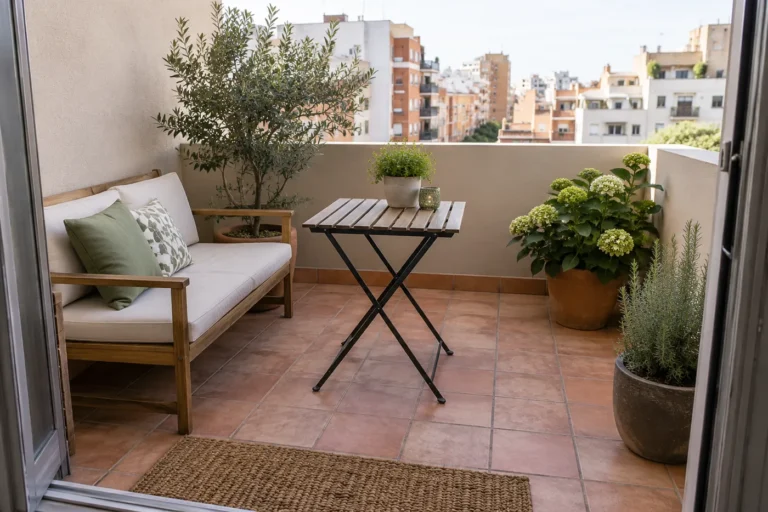 Terraza pequeña con zona de descanso, macetas y huerto vertical distribuidos sin bloquear el paso