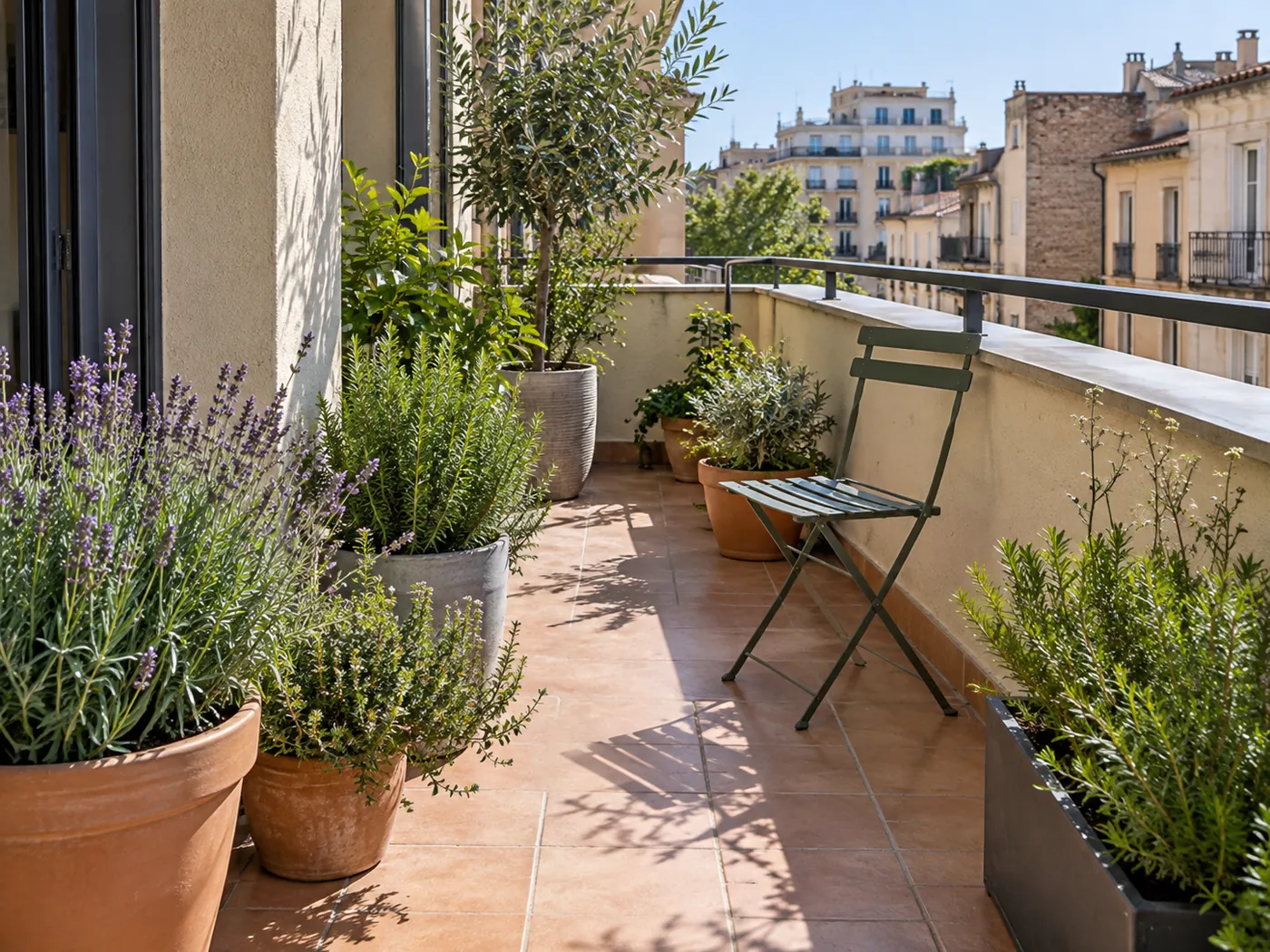 Macetas con plantas de sol en una terraza con paso despejado