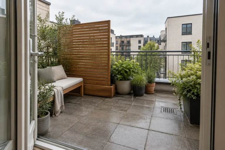 Privacidad en terraza pequeña sin obras: 3 soluciones visuales 1 Terraza urbana pequeña con celosía de lamas junto al banco, macetas en el suelo y paso libre