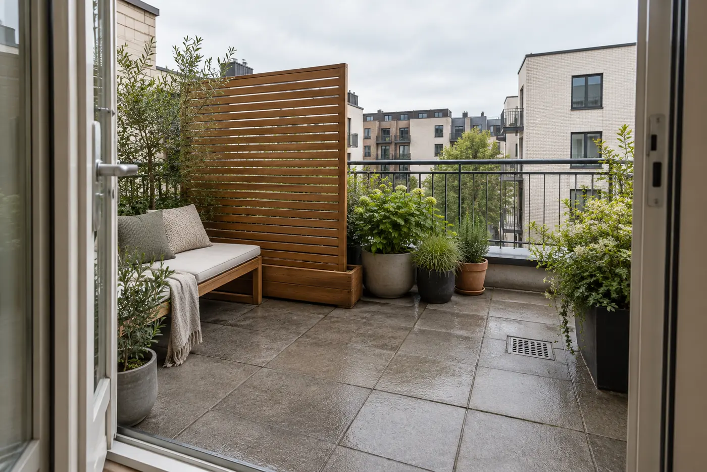 Privacidad en terraza pequeña sin obras: 3 soluciones visuales 2 Terraza urbana pequeña con celosía de lamas junto al banco, macetas en el suelo y paso libre
