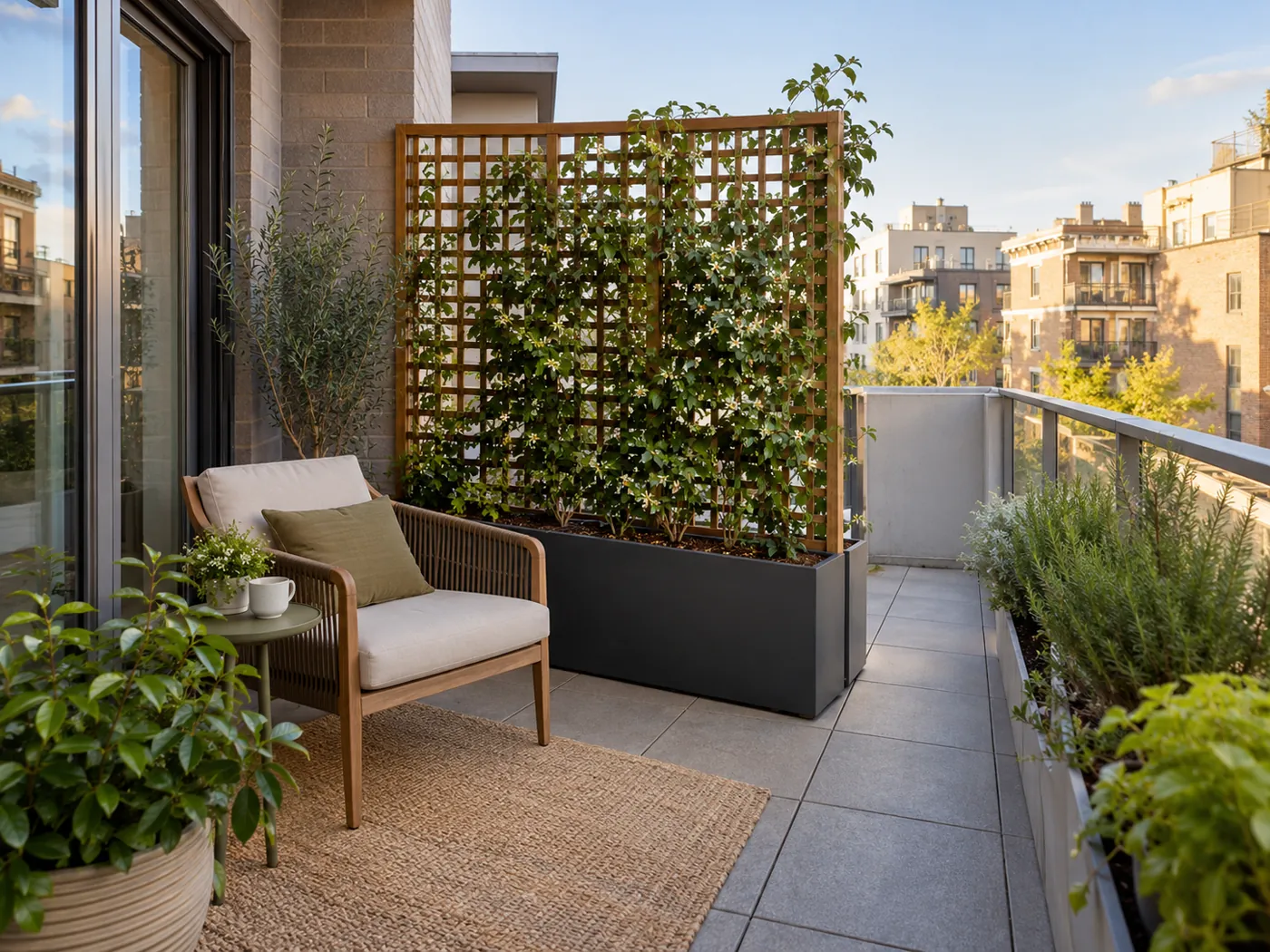 Celosía autoportante con plantas para privacidad en terraza