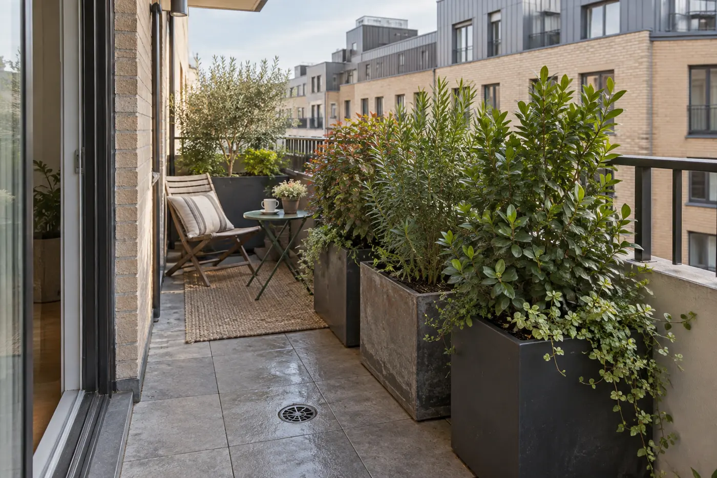 Privacidad en terraza pequeña sin obras: 3 soluciones visuales 3 Terraza estrecha con jardineras en el suelo que dan privacidad a un asiento sin bloquear el paso