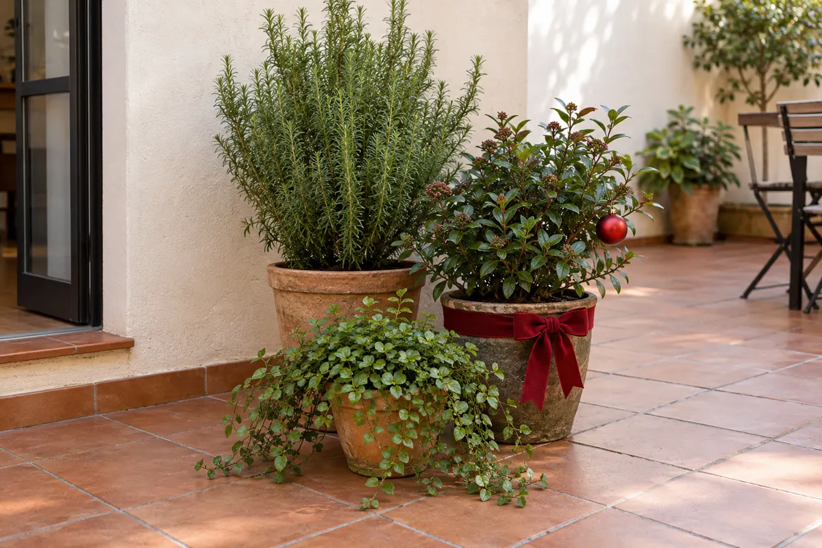Macetas navideñas para exterior: 5 ideas fáciles para jardín y terraza 5 Tres macetas de exterior de distintas alturas agrupadas con un detalle navideño